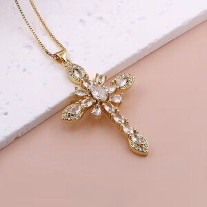 White & Gold Crystal Cross Pendant Necklace Christian Faith Jewelry Women Gift